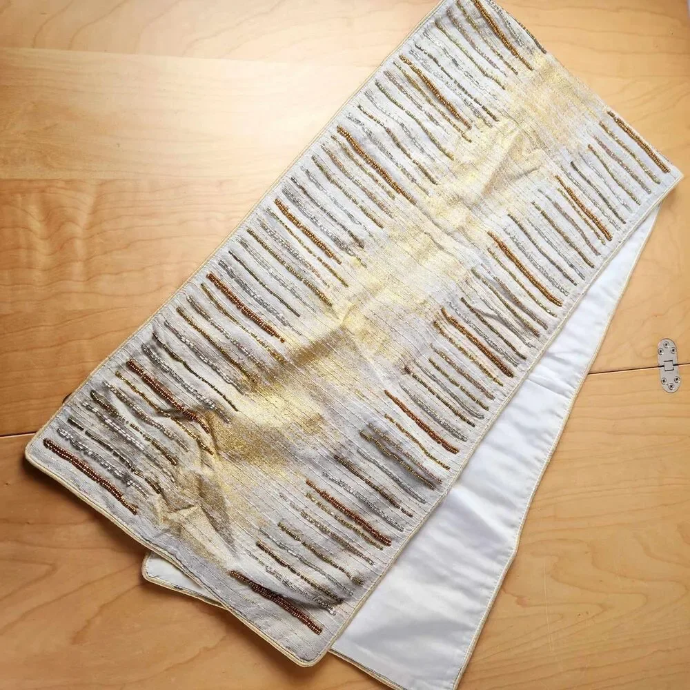 Holiday Tablecloth and Beaded Table Runner Set Gold & Cream Festive Cross Hatch